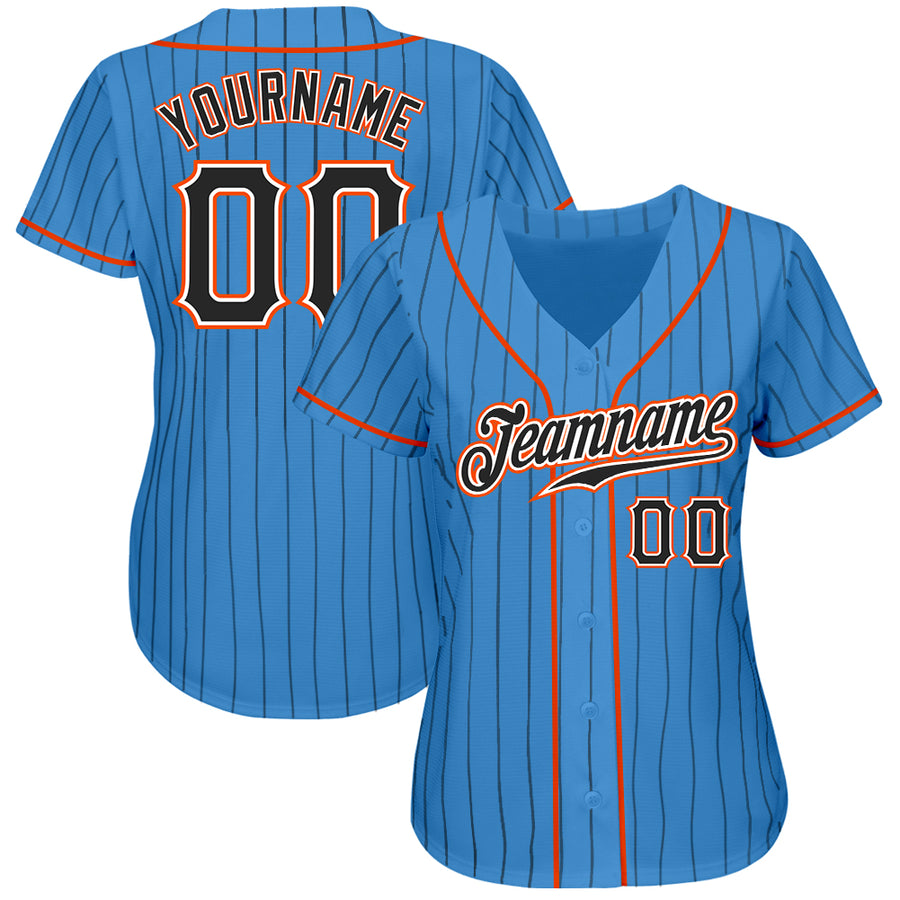 Custom Powder Blue Black Pinstripe Black-Orange Authentic Baseball Jersey