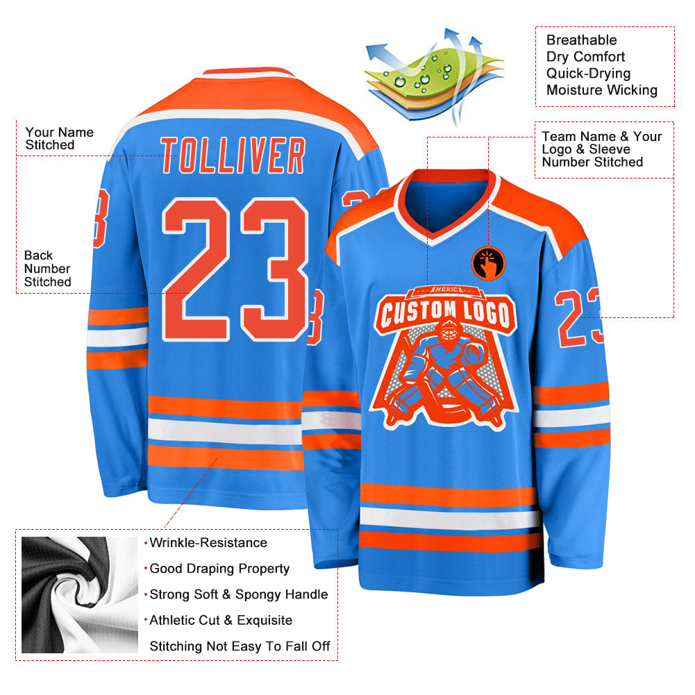 Custom Sky Blue Orange-White Hockey Jersey Men's Size:2XL