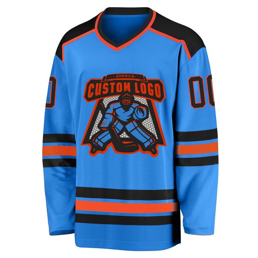 Custom Powder Blue Black-Orange Hockey Jersey