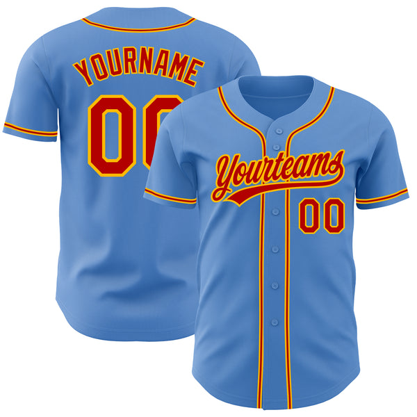 Custom Powder Blue Red-Gold Authentic Baseball Jersey Men's Size:S