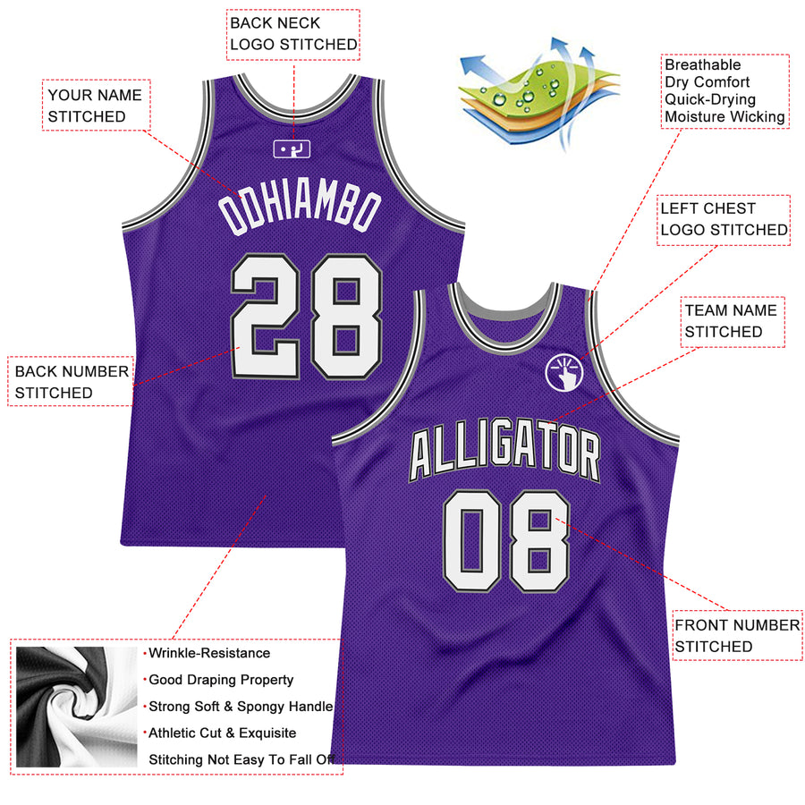 Custom Purple White-Gray Authentic Throwback Basketball Jersey