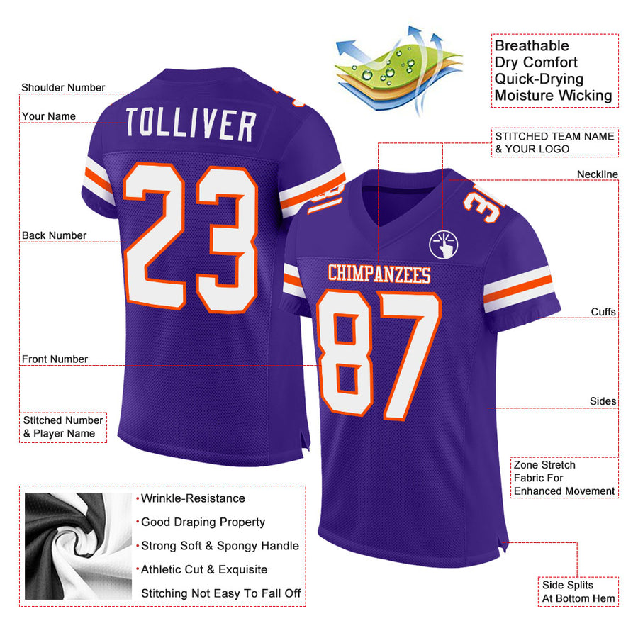 Custom Purple White-Orange Mesh Authentic Football Jersey