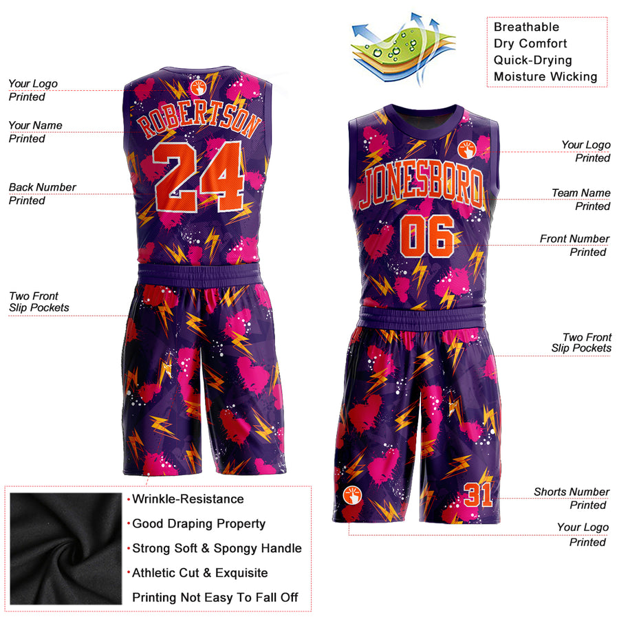 Custom Purple Orange-Gold Music Festival Round Neck Sublimation Basketball Suit Jersey