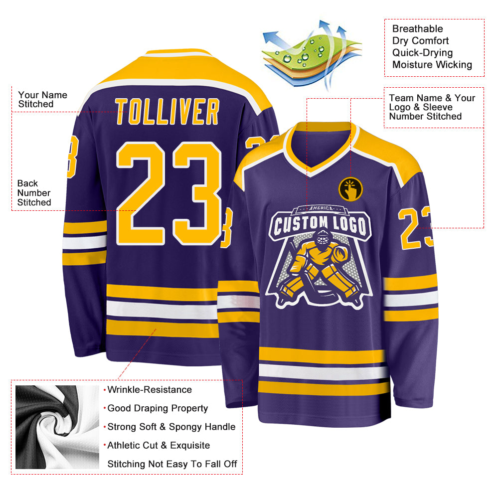 Custom Purple Gold-White Hockey Jersey