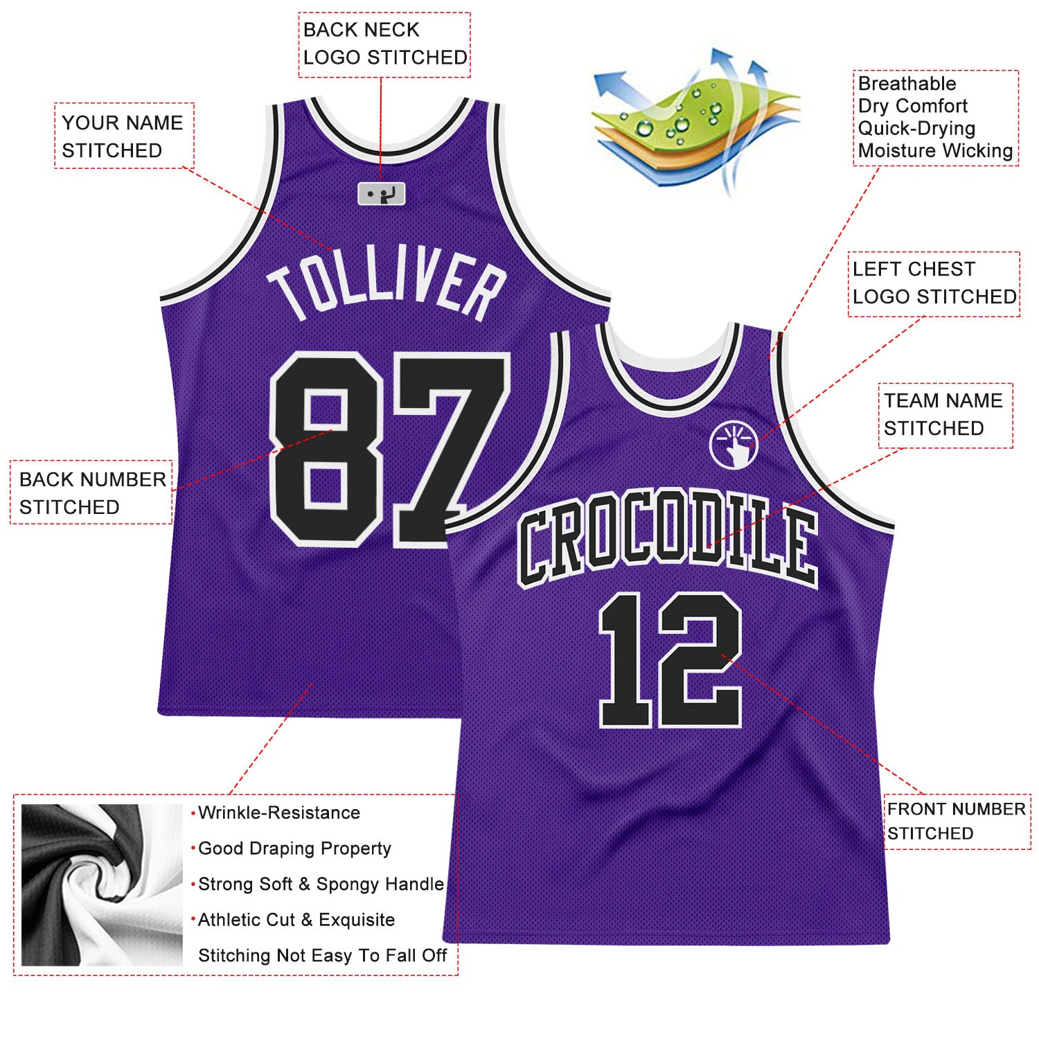 Custom Purple Black-White Authentic Throwback Basketball Jersey