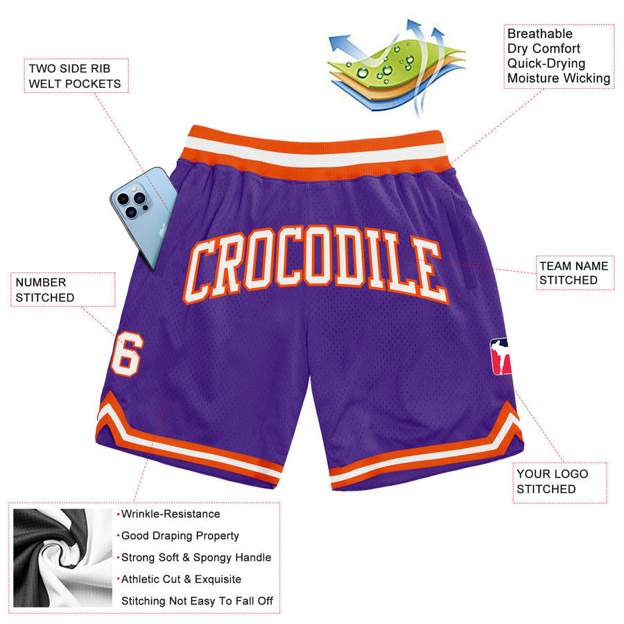 Custom Purple White-Orange Authentic Throwback Basketball Shorts