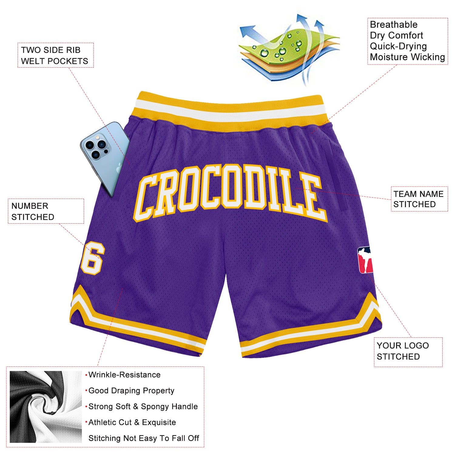 Custom Purple White-Gold Authentic Throwback Basketball Shorts