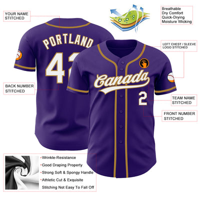 Custom Purple White-Old Gold Authentic Baseball Jersey