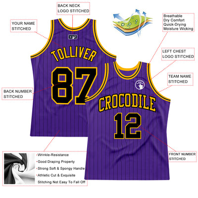 Custom Purple Black Pinstripe Black-Gold Authentic Basketball Jersey