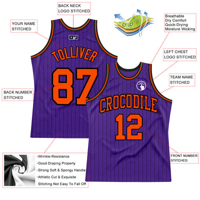 Custom Purple Black Pinstripe Orange Authentic Basketball Jersey