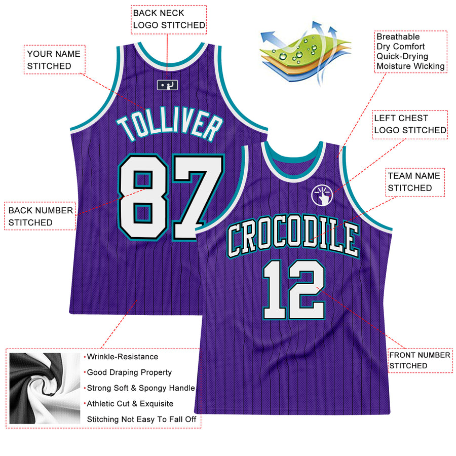 Custom Purple Black Pinstripe White-Teal Authentic Basketball Jersey