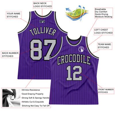 Custom Purple Black Pinstripe Gray Authentic Basketball Jersey