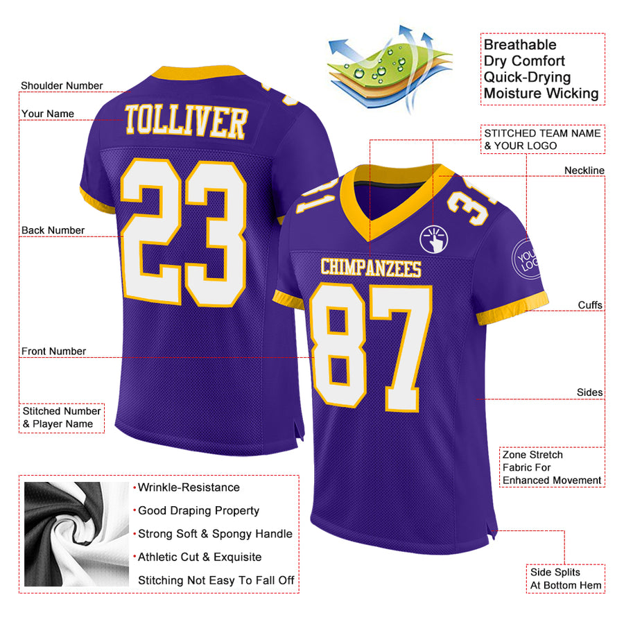 Custom Purple White-Gold Mesh Authentic Football Jersey