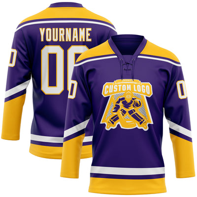 Custom Purple White-Gold Hockey Lace Neck Jersey