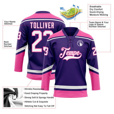 Custom Purple White-Pink Hockey Lace Neck Jersey