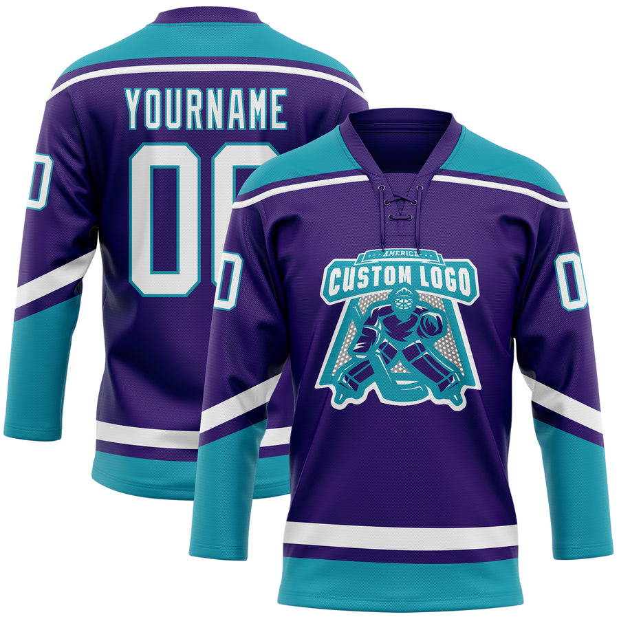 Custom Purple White-Teal Hockey Lace Neck Jersey