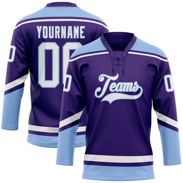 Custom Light Blue White-Purple Hockey Lace Neck Jersey