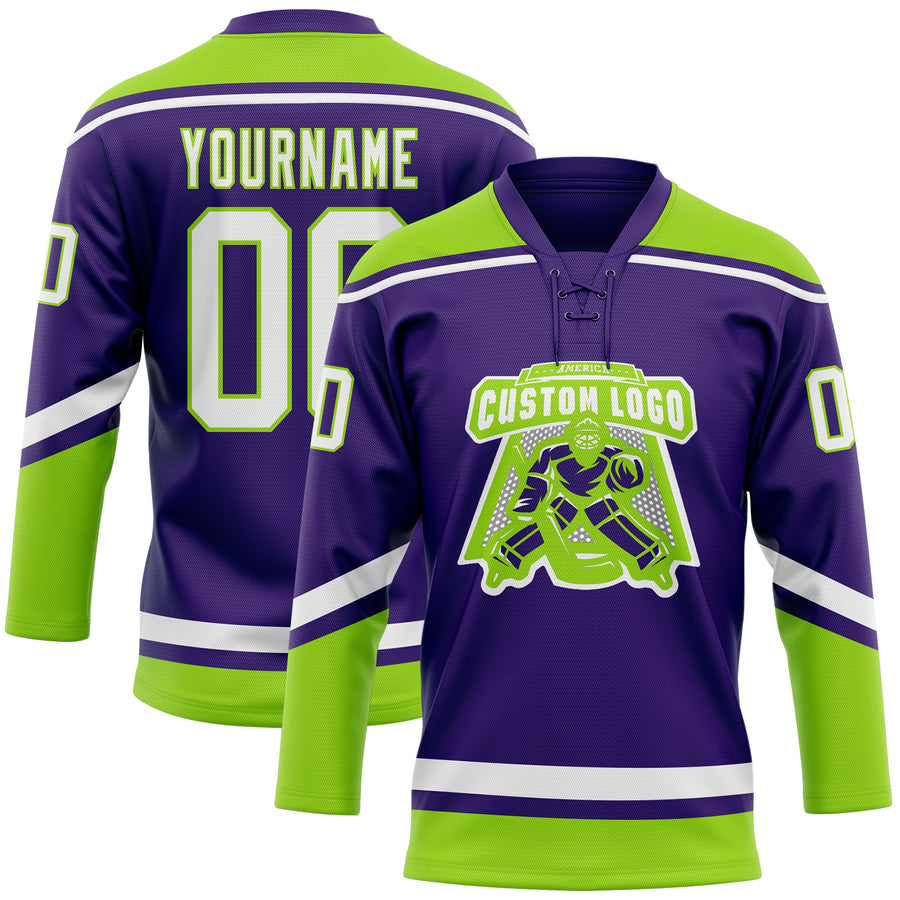 Custom Purple White-Neon Green Hockey Lace Neck Jersey