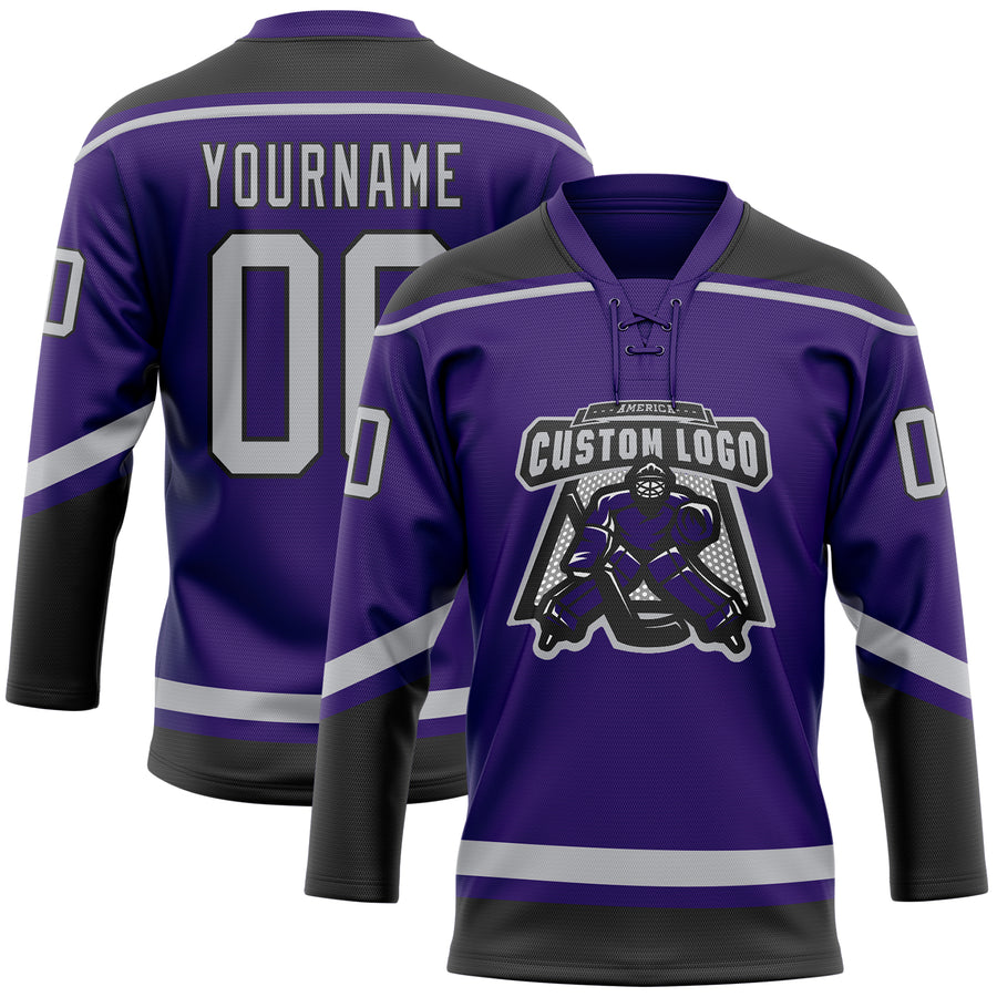 Custom Purple Gray-Black Hockey Lace Neck Jersey