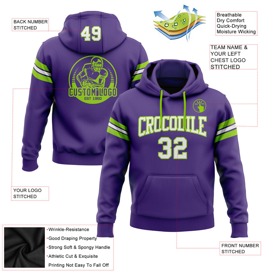 Custom Stitched Purple White-Neon Green Football Pullover Sweatshirt Hoodie