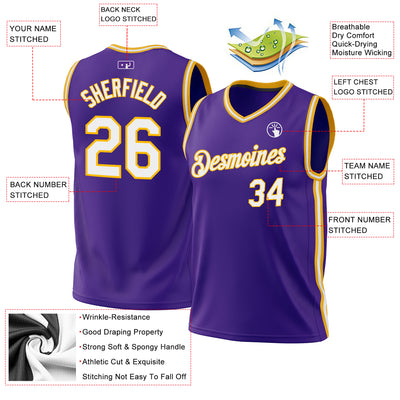 Custom Purple White-Gold Authentic Throwback Basketball Jersey