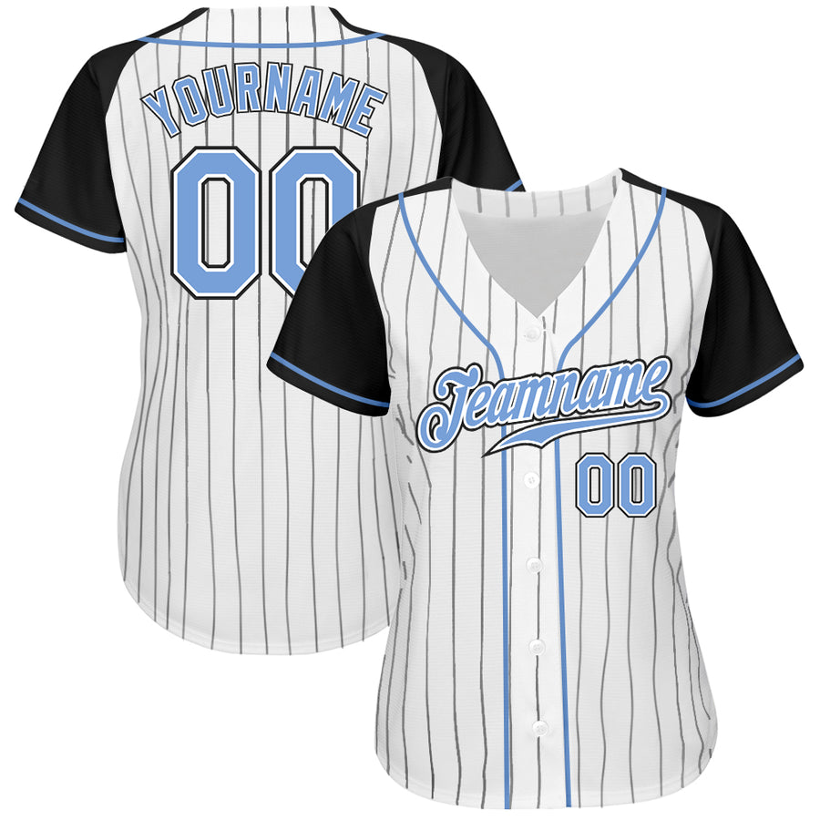 Custom White Black Pinstripe Light Blue-Black Authentic Raglan Sleeves Baseball Jersey