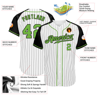 Custom White Black Pinstripe Neon Green-Black Authentic Raglan Sleeves Baseball Jersey