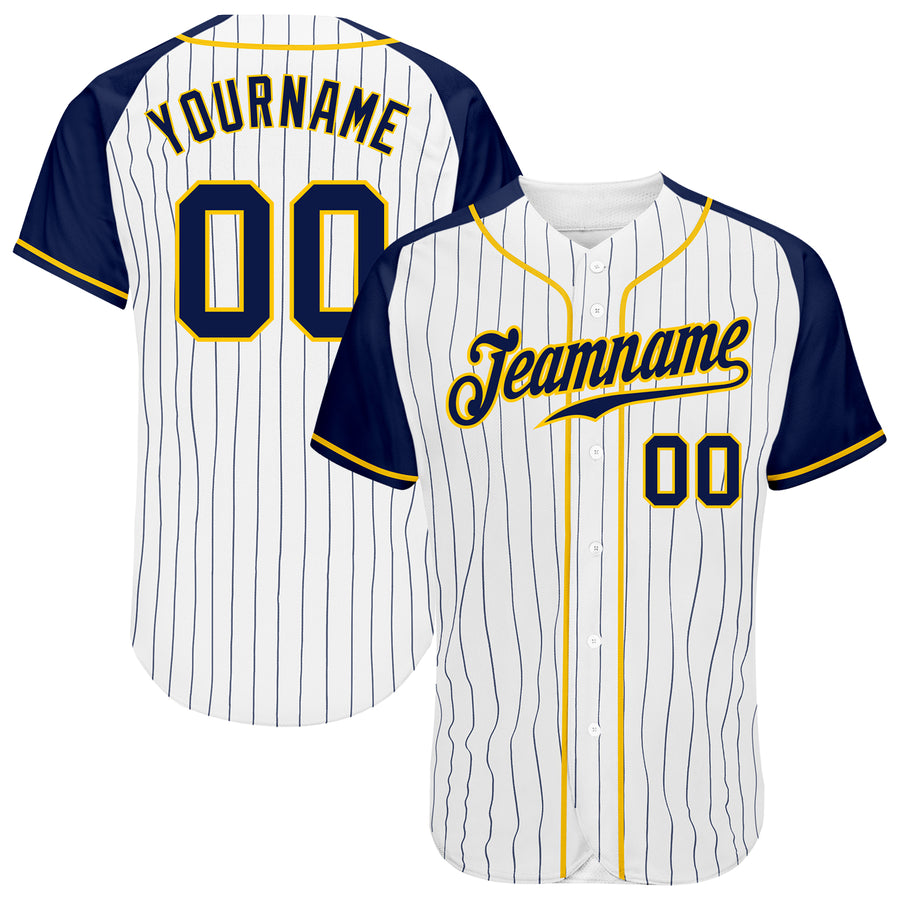 Custom Cream Navy Pinstripe Navy-Gold Authentic Baseball Jersey