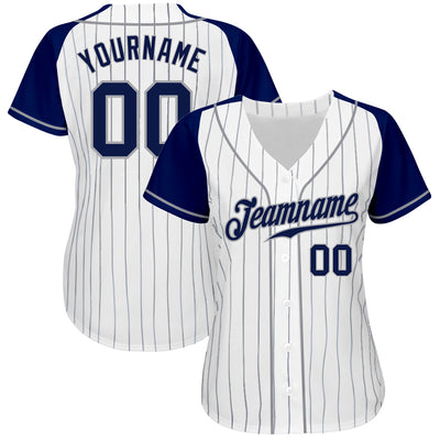 Custom White Navy Pinstripe Navy-Gray Authentic Raglan Sleeves Baseball Jersey