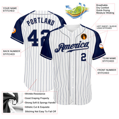 Custom White Navy Pinstripe Navy-Gray Authentic Raglan Sleeves Baseball Jersey