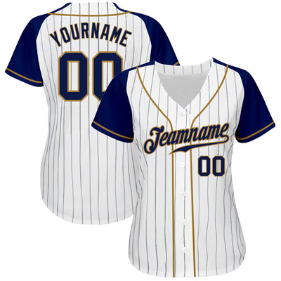 Custom White Navy Pinstripe Navy-Old Gold Authentic Raglan Sleeves Baseball Jersey