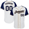 Custom White Navy Pinstripe Navy-Old Gold Authentic Raglan Sleeves Baseball Jersey