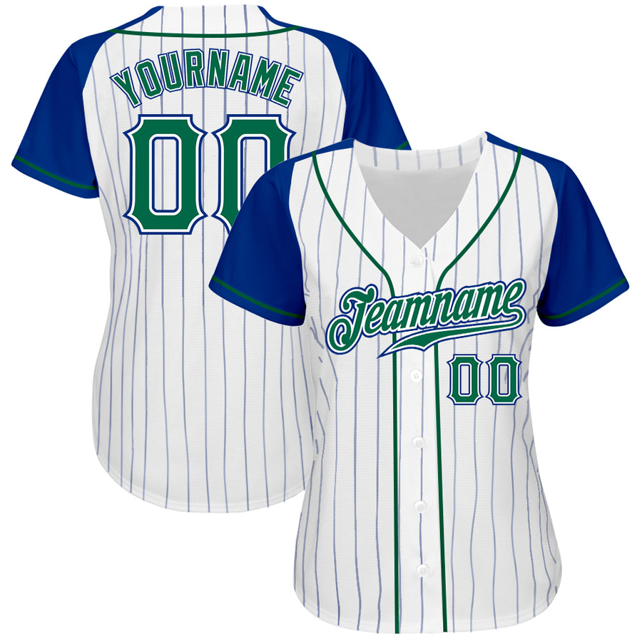 Custom White Royal Pinstripe Kelly Green-Royal Authentic Raglan Sleeves Baseball Jersey