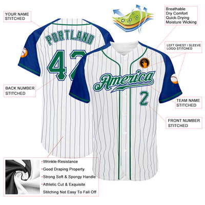 Custom White Royal Pinstripe Kelly Green-Royal Authentic Raglan Sleeves Baseball Jersey