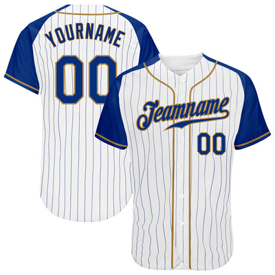 Custom White Royal Pinstripe Royal-Old Gold Authentic Raglan Sleeves Baseball Jersey