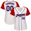 Custom White Red Pinstripe Royal-Red Authentic Raglan Sleeves Baseball Jersey