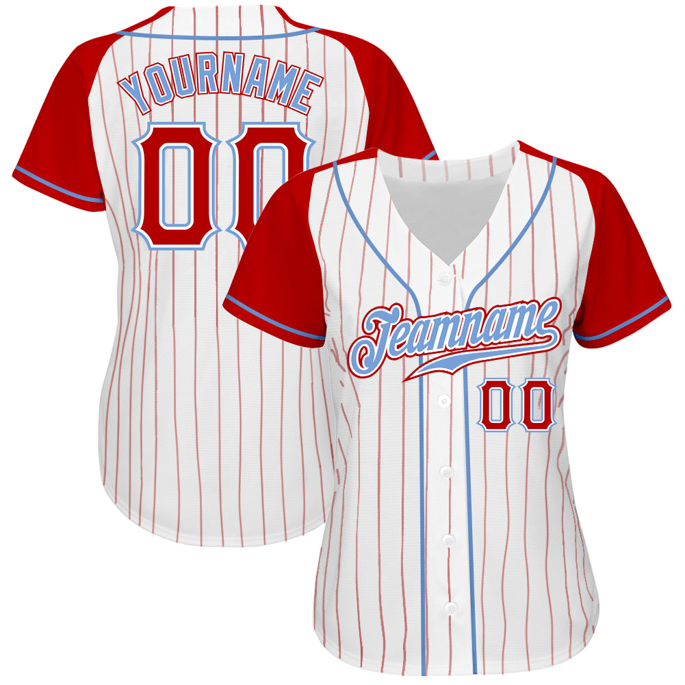 Red and white store pinstripe baseball jersey