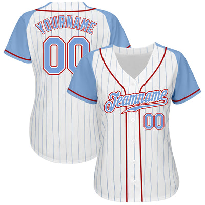 Custom White Light Blue Pinstripe Light Blue-Red Authentic Raglan Sleeves Baseball Jersey