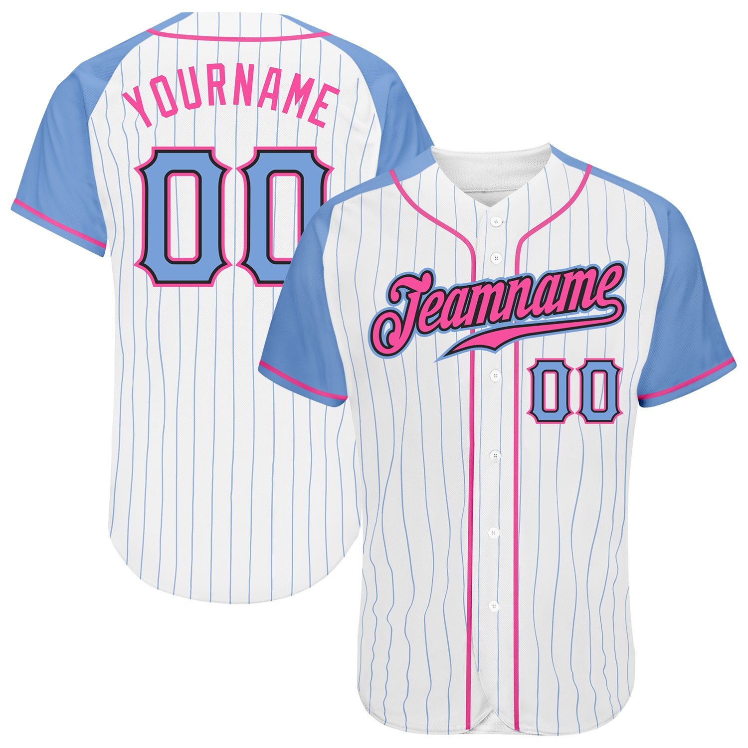 Custom White Light Blue Pinstripe Light Blue-Pink Authentic Raglan Sleeves Baseball Jersey