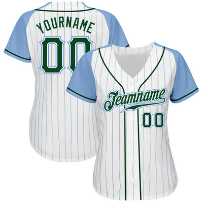 Custom White Light Blue Pinstripe Green-Light Blue Authentic Raglan Sleeves Baseball Jersey