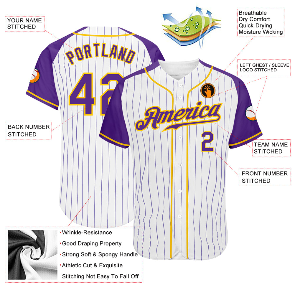 Custom Baseball Jersey White Purple Pinstripe Purple-Gold Authentic Raglan Sleeves Men's Size:XL