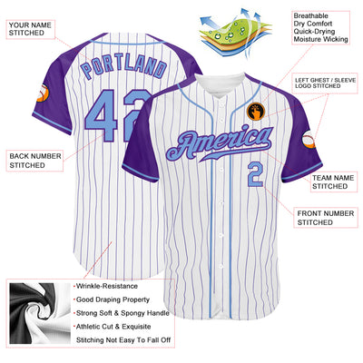 Custom White Purple Pinstripe Light Blue-Purple Authentic Raglan Sleeves Baseball Jersey