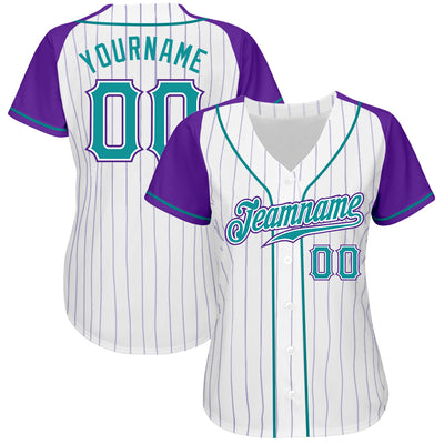 Custom White Purple Pinstripe Teal-Purple Authentic Raglan Sleeves Baseball Jersey