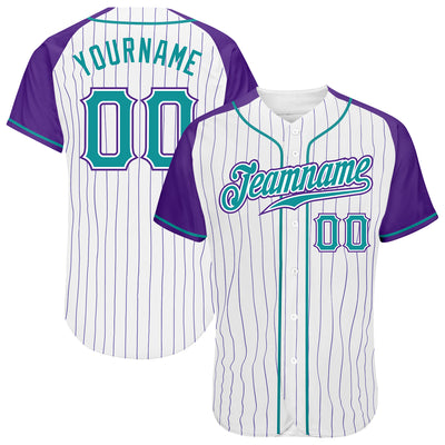 Custom White Purple Pinstripe Teal-Purple Authentic Raglan Sleeves Baseball Jersey