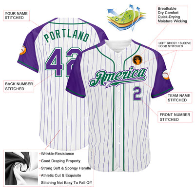 Custom White Purple Pinstripe Purple-Kelly Green Authentic Raglan Sleeves Baseball Jersey