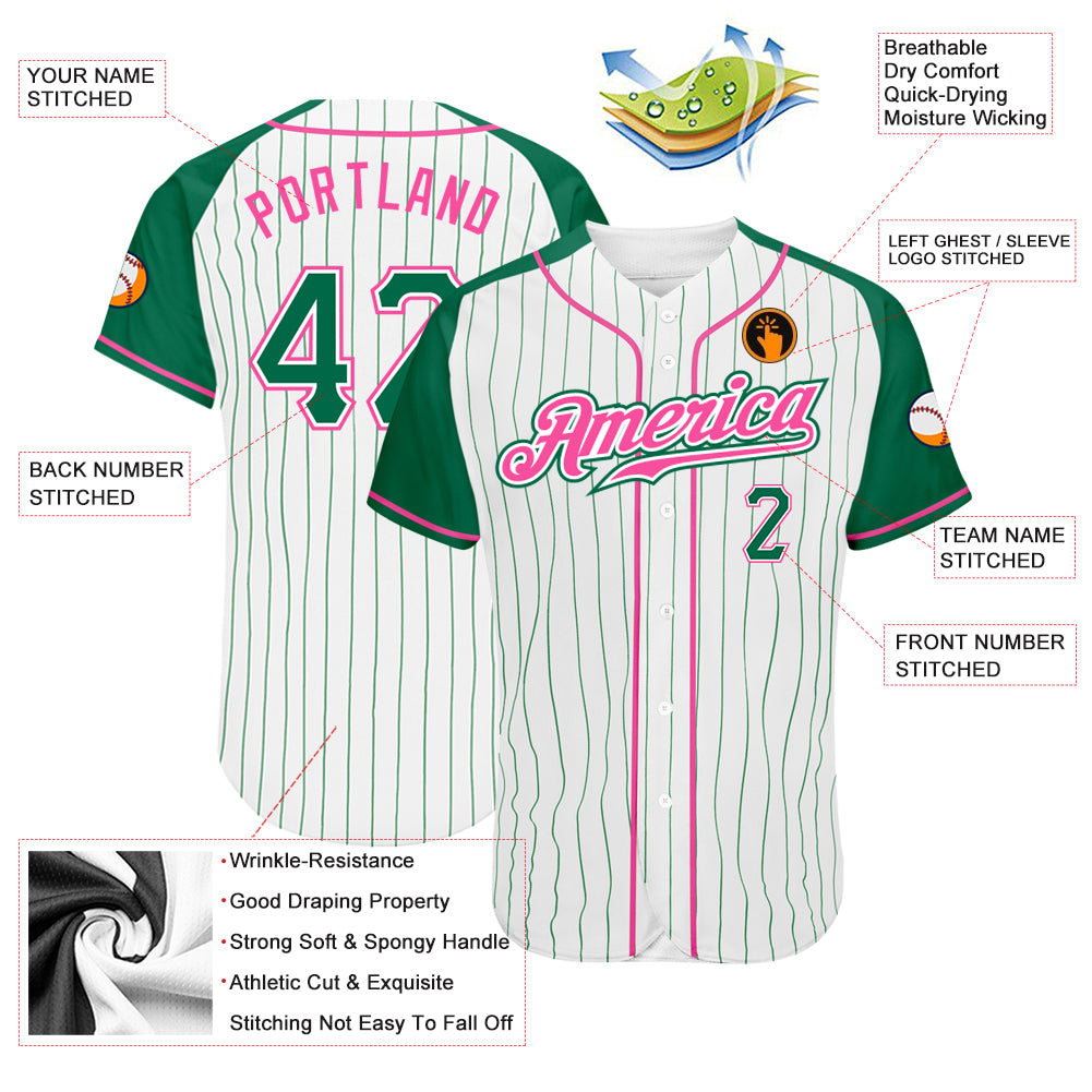 Custom White Kelly Green Pinstripe Pink-Kelly Green Authentic Baseball  Jersey