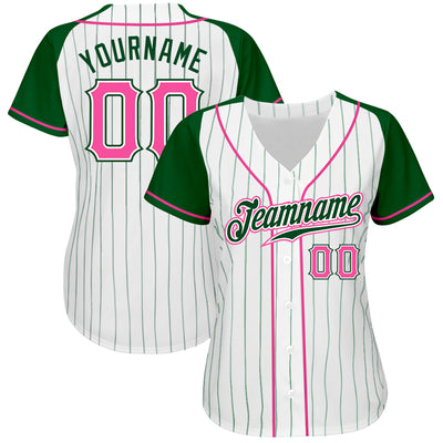 Custom White Green Pinstripe Pink-Green Authentic Raglan Sleeves Baseball Jersey