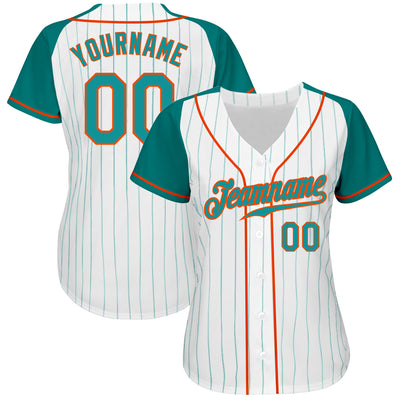 Custom White Aqua Pinstripe Aqua-Orange Authentic Raglan Sleeves Baseball Jersey