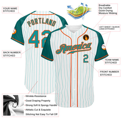 Custom White Aqua Pinstripe Aqua-Orange Authentic Raglan Sleeves Baseball Jersey