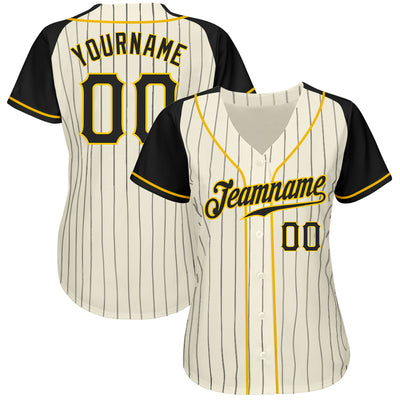 Custom Cream Black Pinstripe Black-Gold Authentic Raglan Sleeves Baseball Jersey